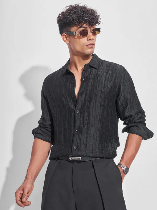 Stylish Men’s Black Self Design Oversized Fit Casual Shirt with Modern Pattern and Soft Fabric