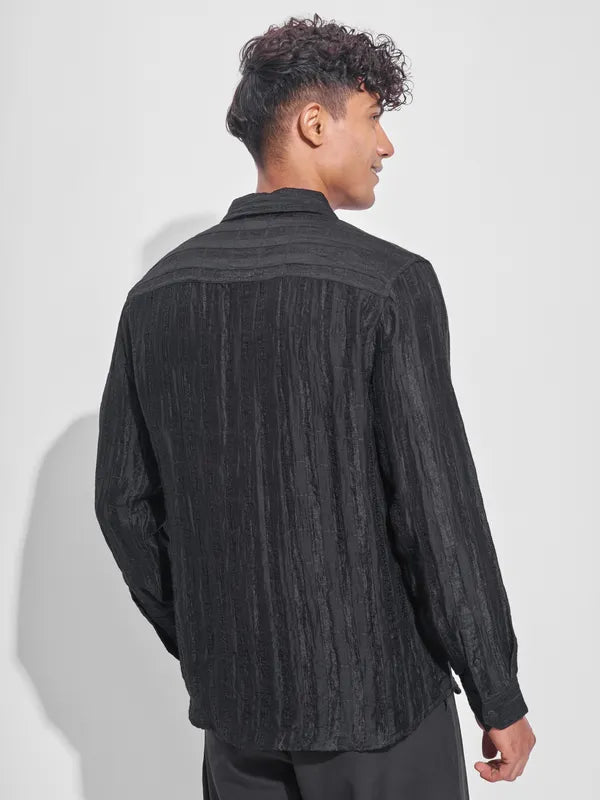 Stylish Men’s Black Self Design Oversized Fit Casual Shirt with Modern Pattern and Soft Fabric