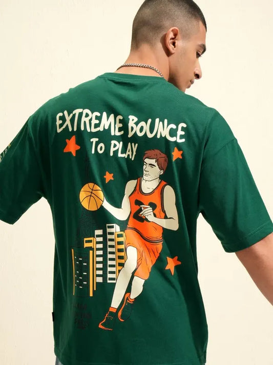 Men Green Printed Round Neck Oversized Fit T-Shirt