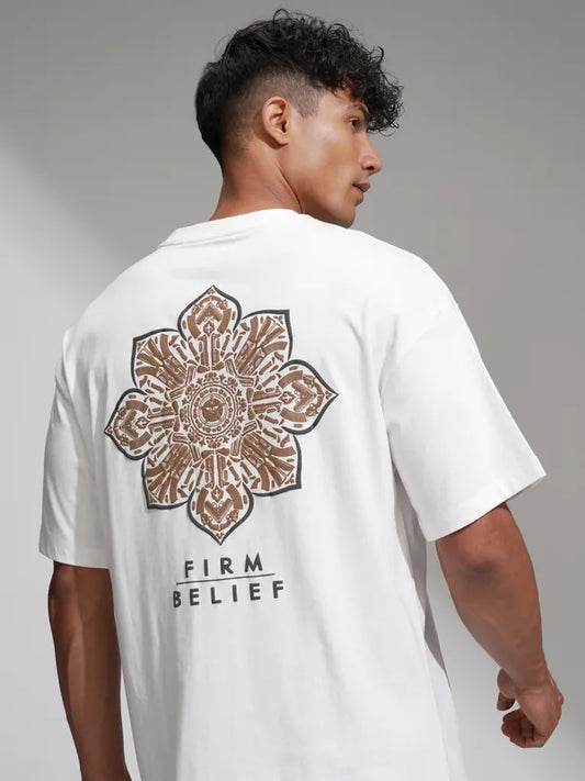 White Printed Round Neck Oversized Fit T-Shirt