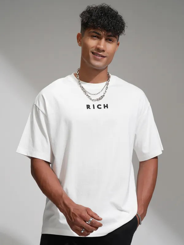 White Printed Round Neck Oversized Fit T-Shirt
