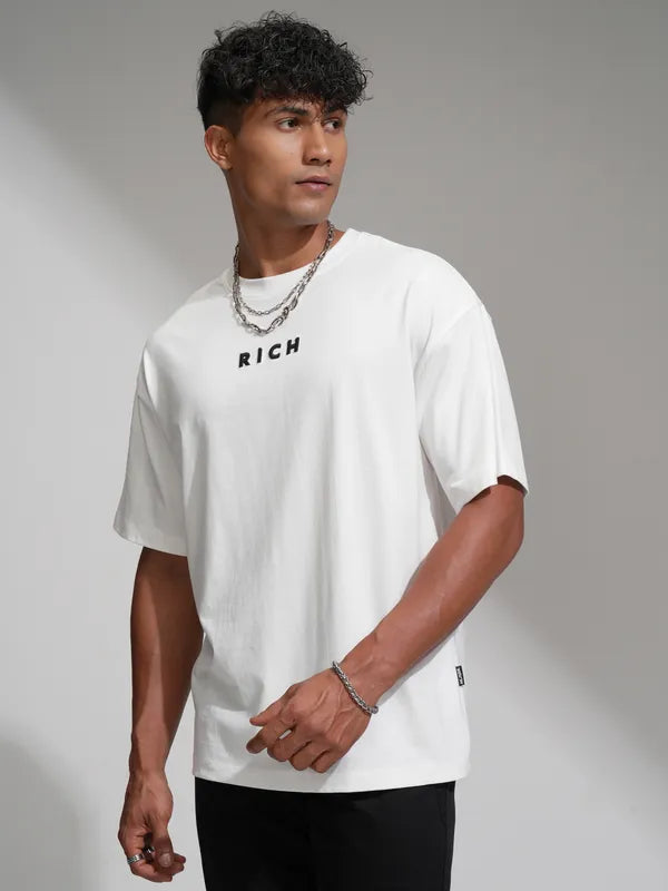 White Printed Round Neck Oversized Fit T-Shirt