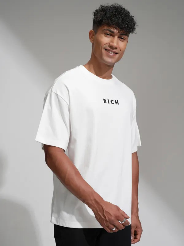 White Printed Round Neck Oversized Fit T-Shirt