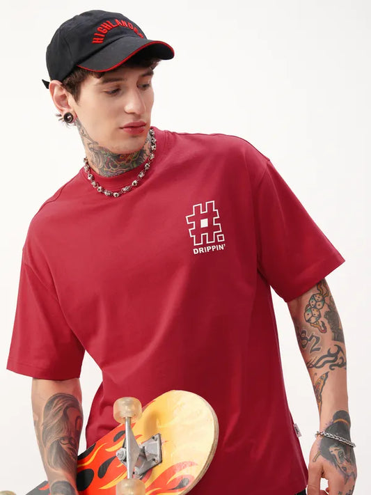 Red Printed Round Neck Oversized Fit T-Shirt