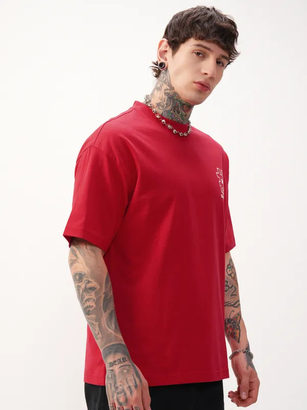 Red Printed Round Neck Oversized Fit T-Shirt