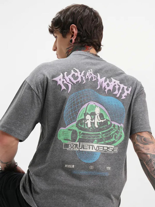 Men Grey Rick And Morty Printed Round Neck Oversized Fit T-Shirt