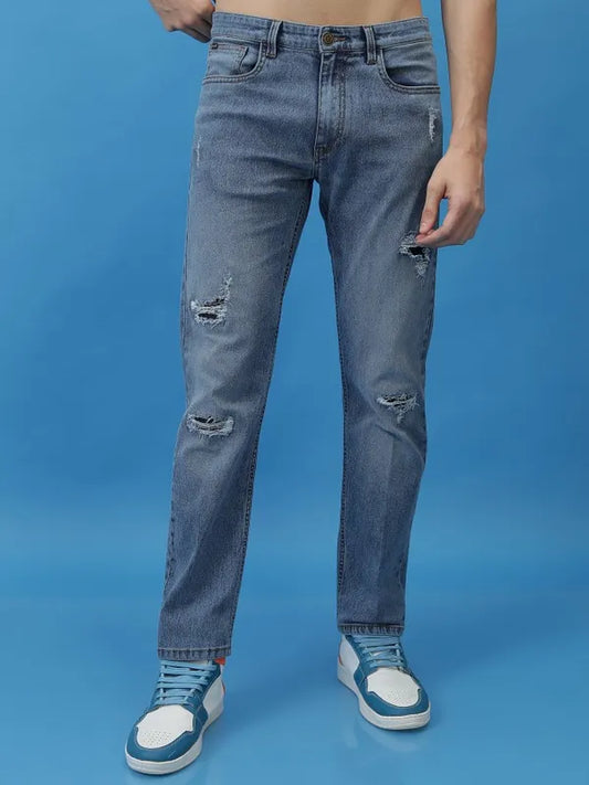 Premium Men’s Light Blue Straight Fit Highly Distressed Stretchable Jeans for Casual and Street Style Outfits
