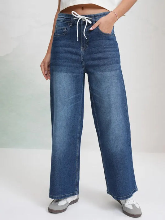 Comfortable Women’s Blue Stretchable Wide Leg Jeans with Relaxed Everyday Fit