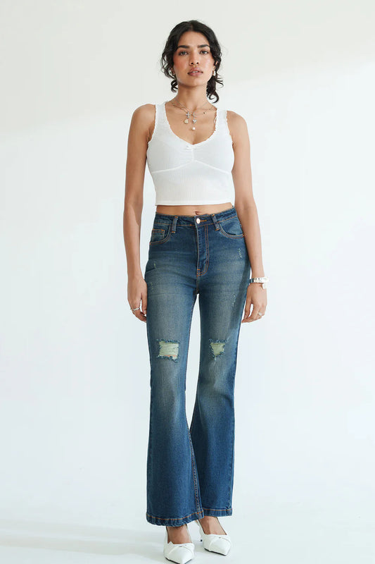 Retro Blue Bootcut Jeans for Women with Soft Washed Vintage Finish