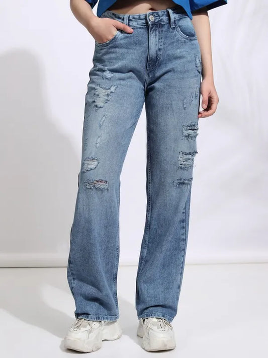 Women Blue Straight Fit Highly Distressed Non Stretchable Jeans