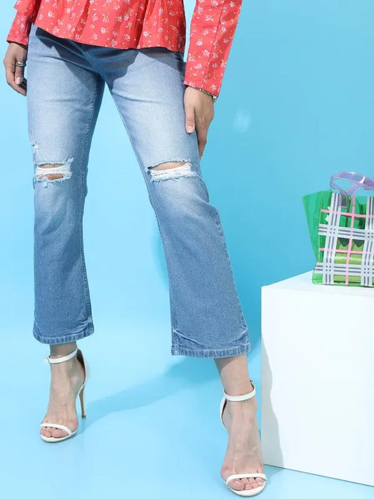 Blue Flared Highly Distressed Jeans