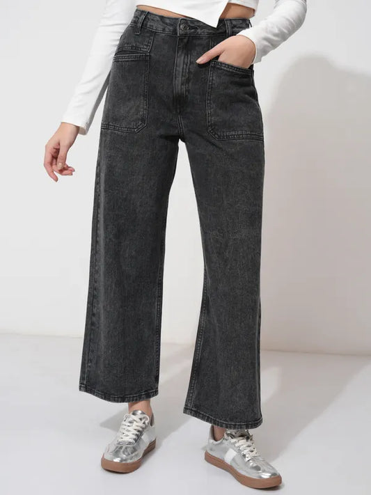 Classic Grey Straight Fit Stretchable Jeans with Versatile Styling for Women