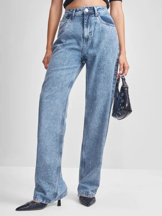 Women’s Blue Dad Fit Jeans with Relaxed High-Rise Waist and Comfortable Silhouette
