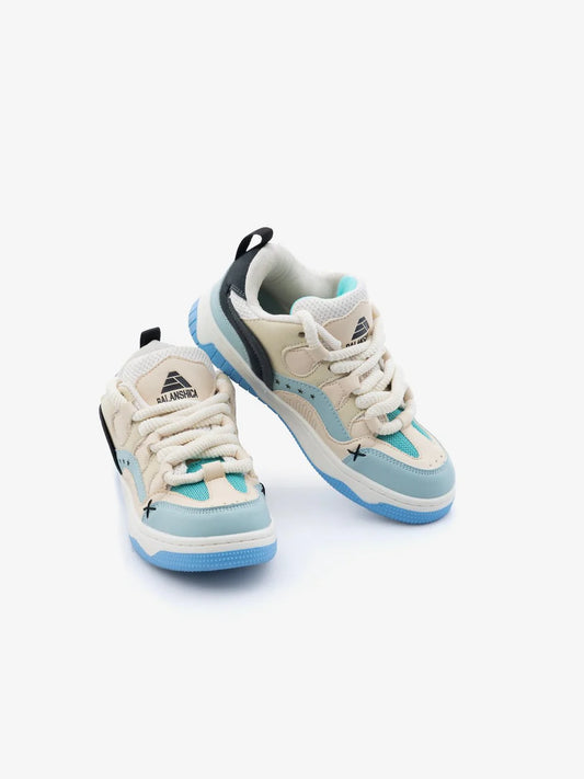 Women’s White & Blue Sneakers with Thick Laces and Comfortable Flat Sole