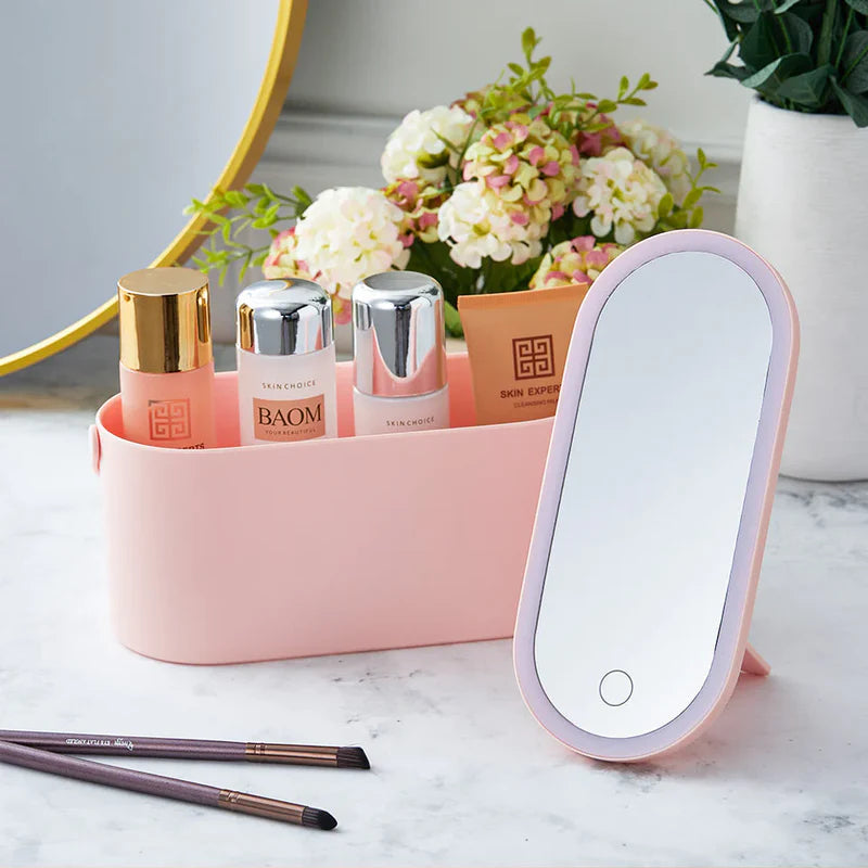 Detachable LED Mirror Cosmetic Organizer Box Portable Vanity Case with USB-C Charging for Travel