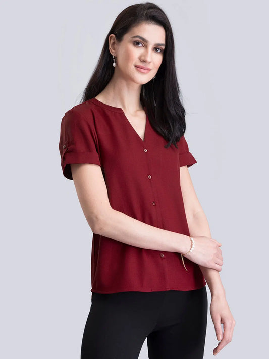 Classic Red V-Neck Short Sleeve Top for Women