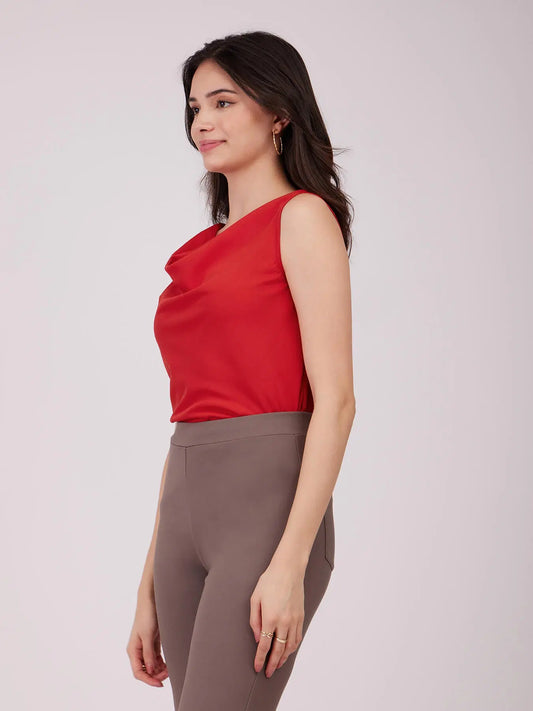 Women’s Cowl Neck Top in Red with Elegant Draped Neckline