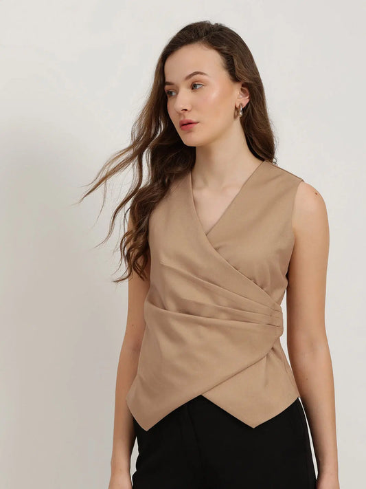 Beige Pleated Waistcoat Top for Women with Elegant Sleeveless Fit