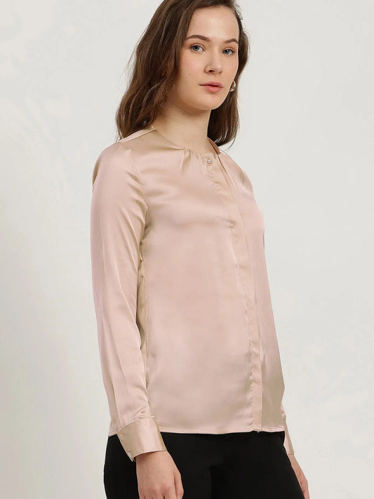 Satin Gathered Neck Shirt - Beige For Women