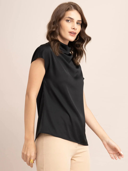 Stylish Women’s Black Satin Cowl Neck Top for Evening and Party Wear