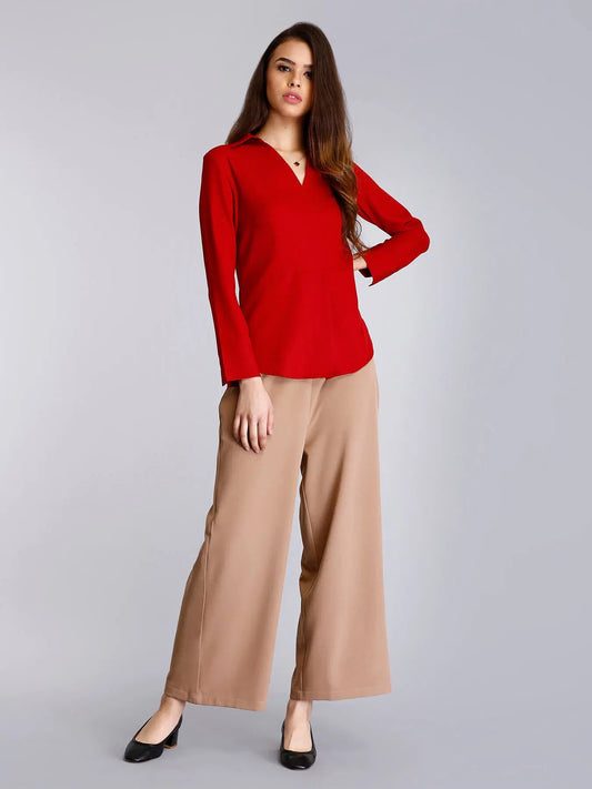Surplice Neck Pleated Top - Red For Women