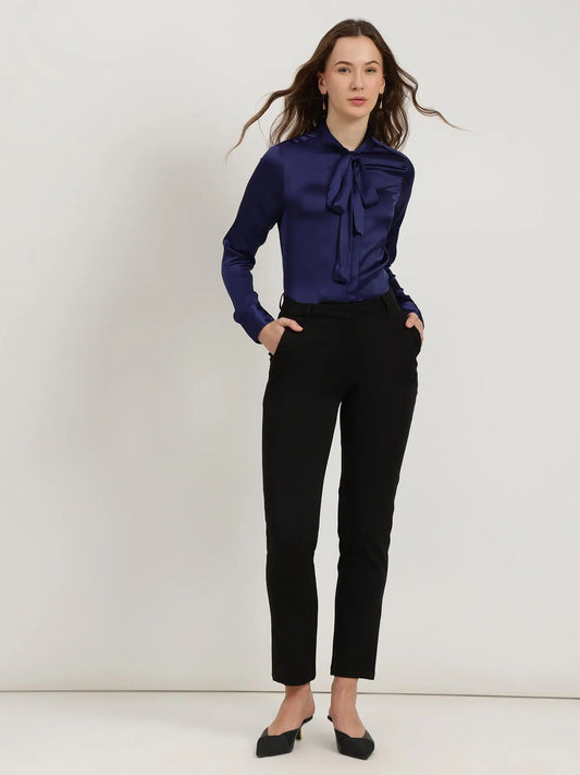 Navy Blue Satin Bow-Tie Shirt for Women with Chic Formal Style
