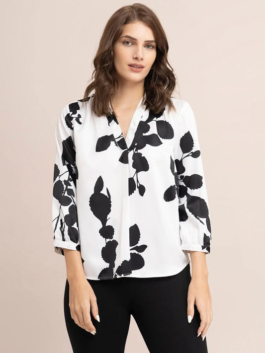 Satin Floral Print Top - White And Black For Women