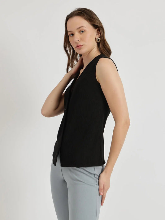 Black Ribbed Waistcoat for Women with Elegant Sleeveless Fit