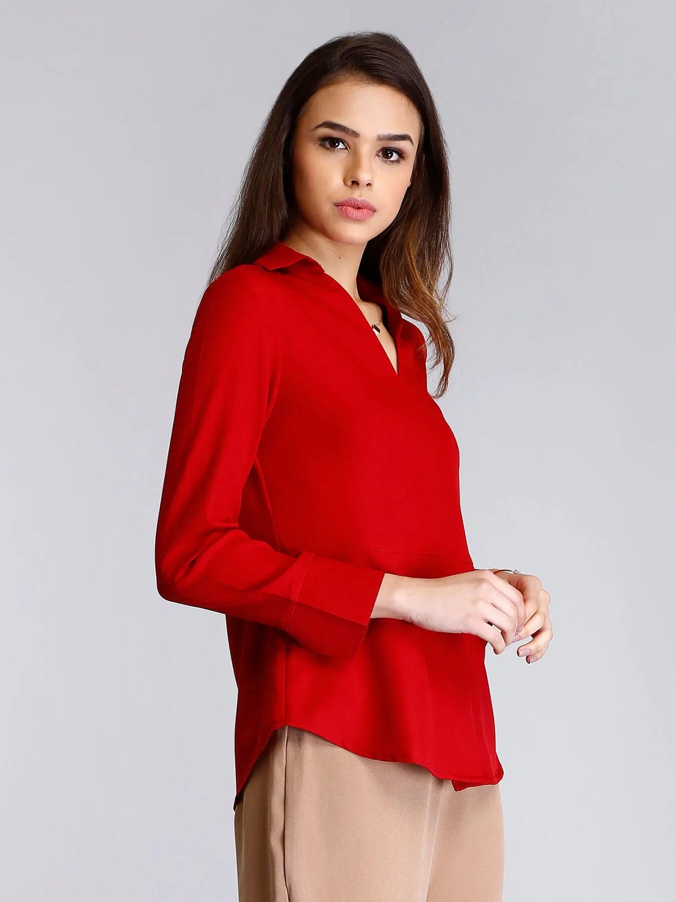 Surplice Neck Pleated Top - Red For Women