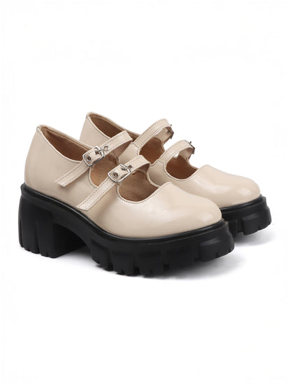 Women’s Double Buckle Chunky Mary Jane Shoes in Beige with Comfortable Platform Sole